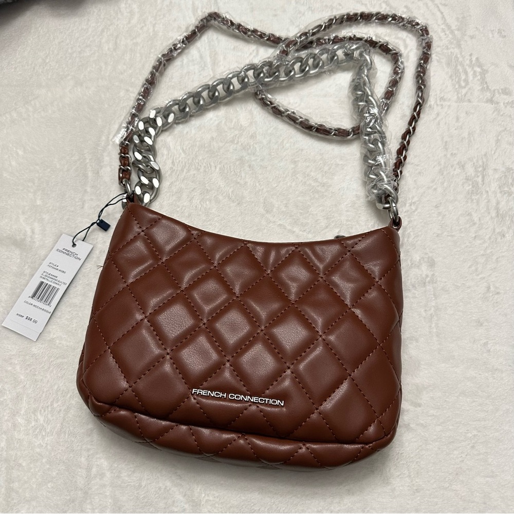 French Connection Brown Eliza Diamond Quilted with Metallic Chain